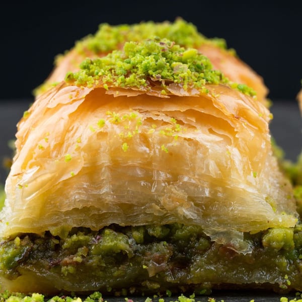 Close-up of Byblos baklava, a flaky pastry with green pistachio filling and topping.