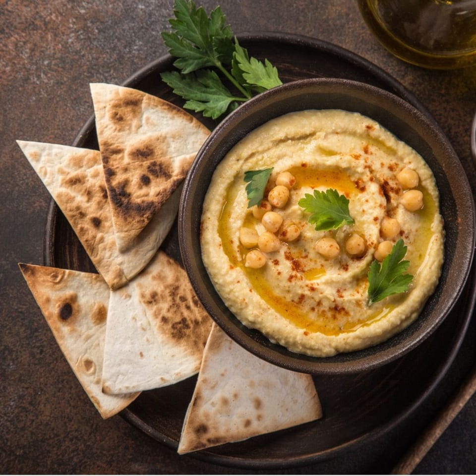Byblos Mediterranean hummus with chickpeas, olive oil, and parsley, served with pita bread.